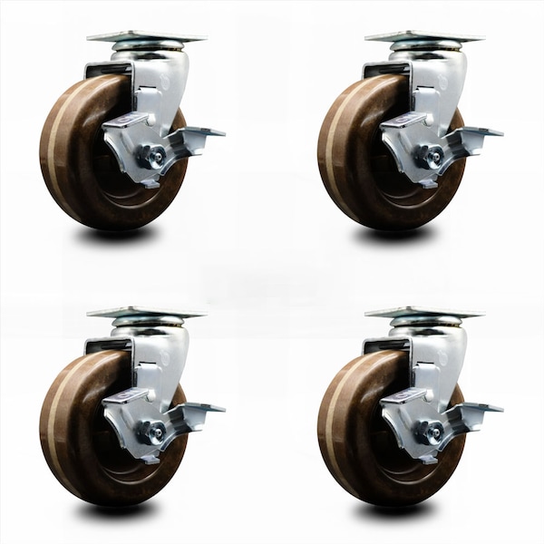5 Inch High Temp Phenolic Swivel Caster Set with Roller Bearings and Brakes SCC